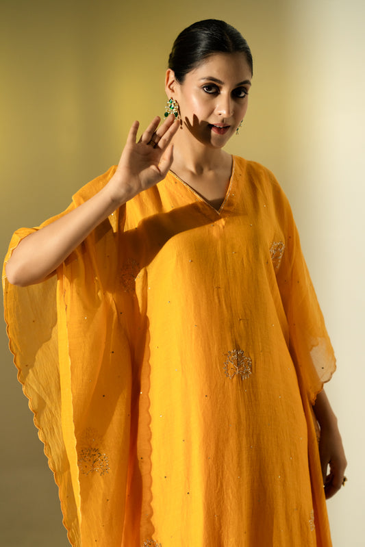 Mustard Flower Motif Kaftan Set