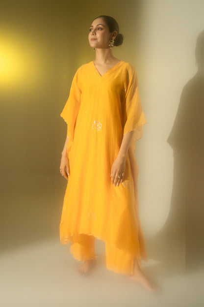 Mustard Flower Motif Kaftan Set