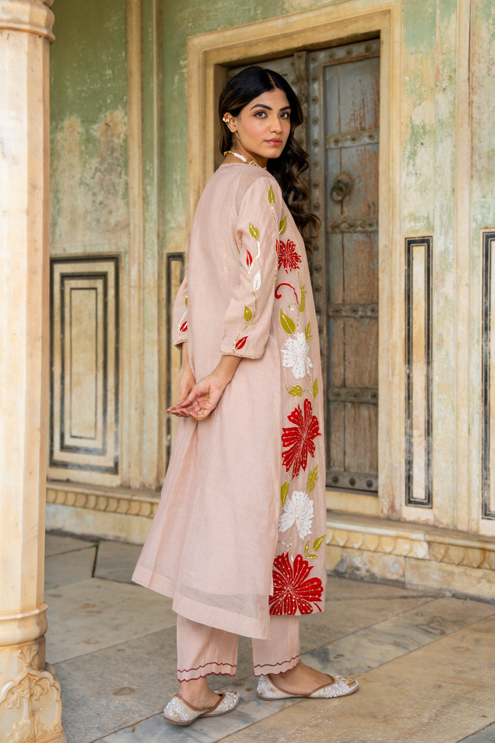 Beige Appliqué Floral A Line Suit Set