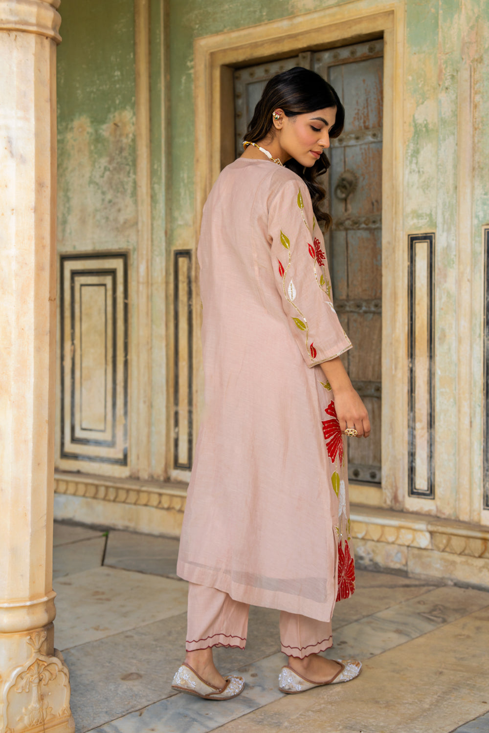 Beige Appliqué Floral A Line Suit Set