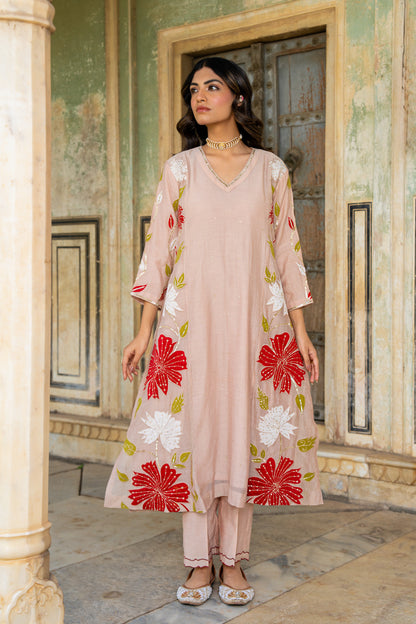 Beige Appliqué Floral A Line Suit Set