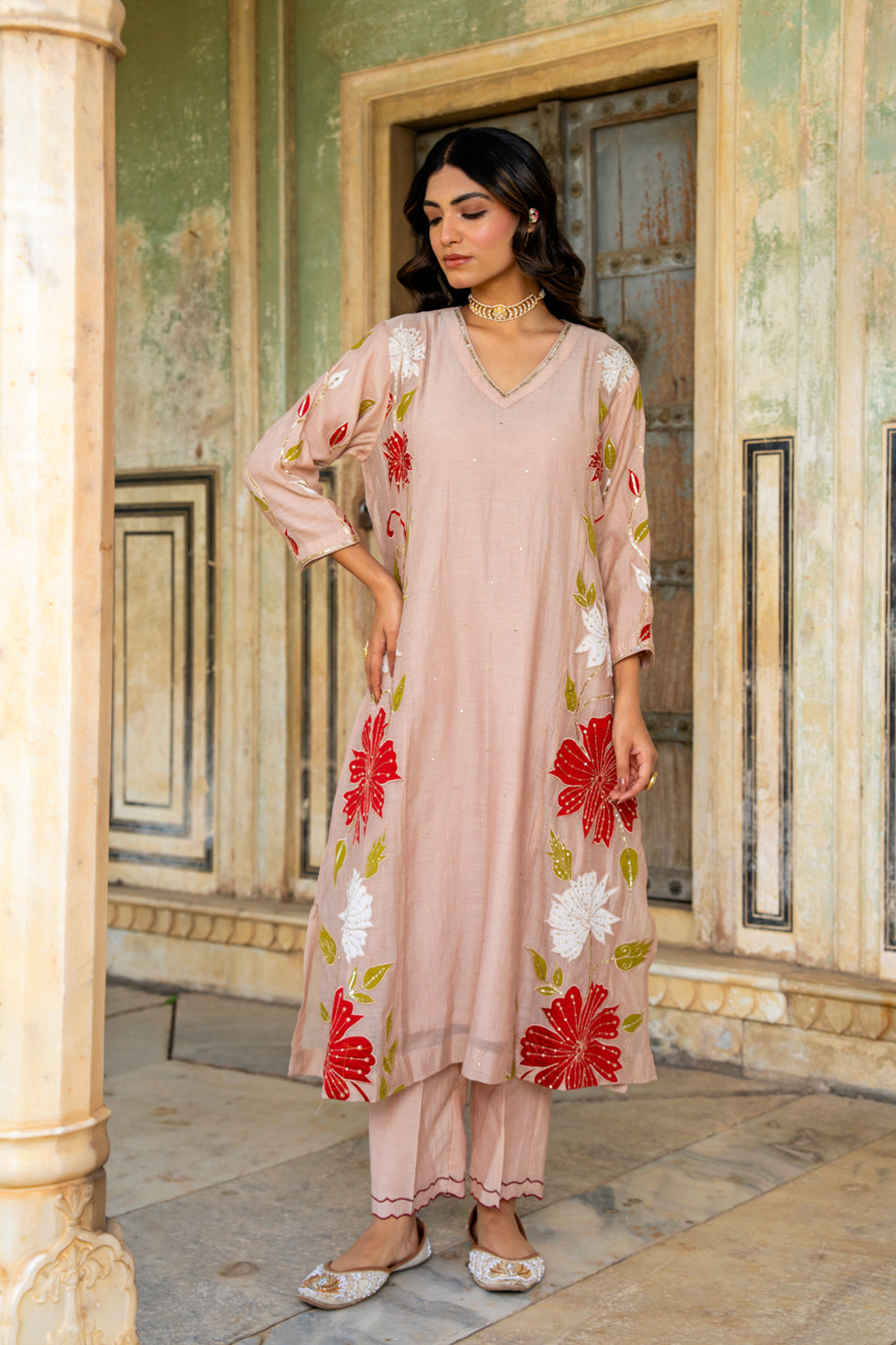 Beige Appliqué Floral A Line Suit Set
