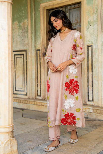 Beige Appliqué Floral A Line Suit Set