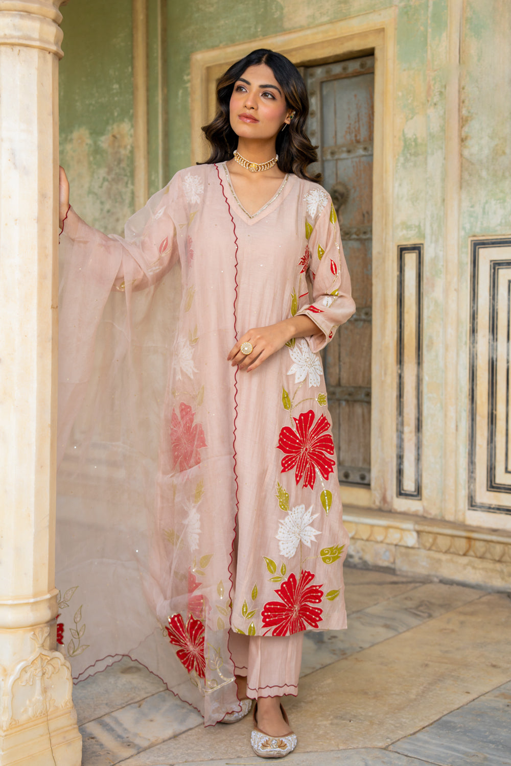 Beige Appliqué Floral A Line Suit Set