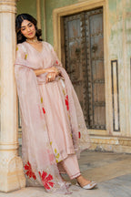 Beige Appliqué Floral A-line Kurta Set