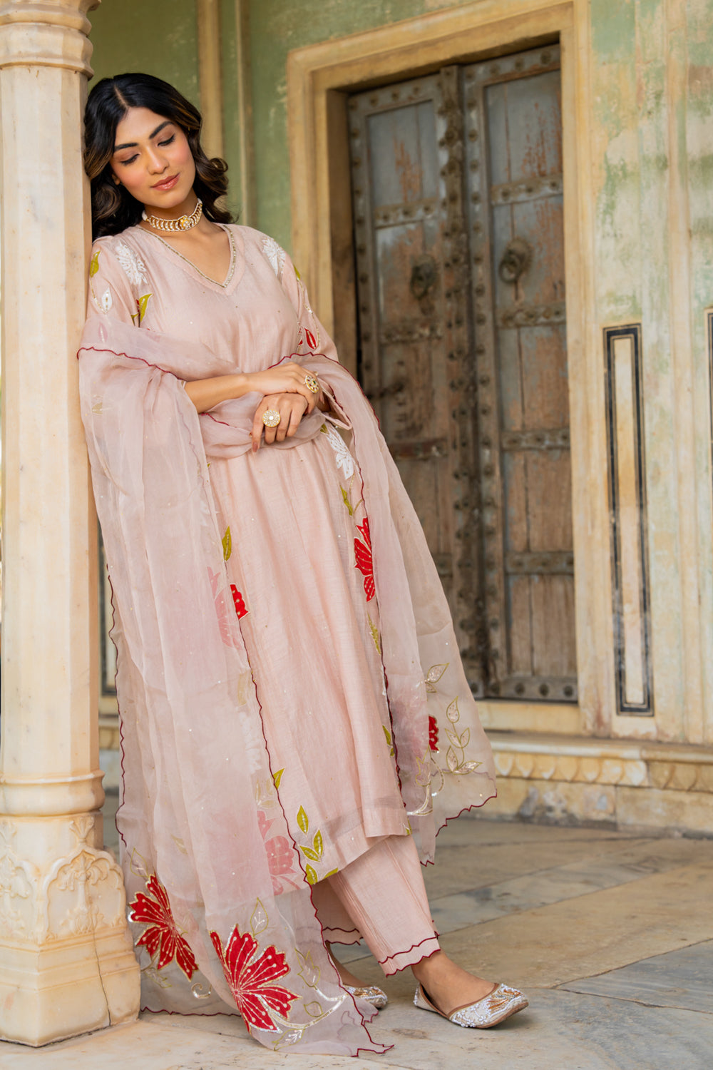 Beige Appliqué Floral A-line Kurta Set