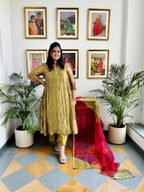 Olive Tissue Anarkali Set