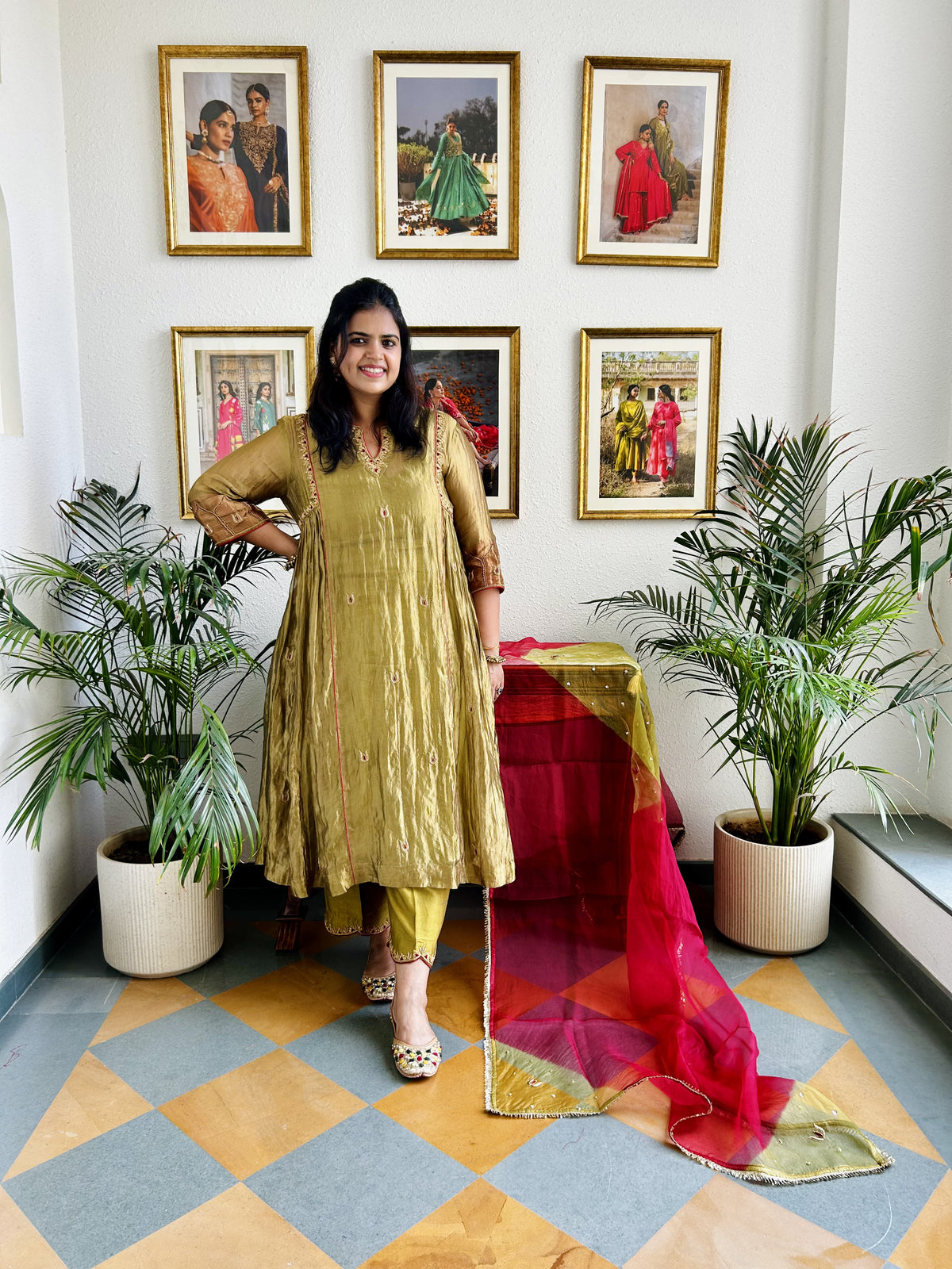 Olive Tissue Anarkali Set