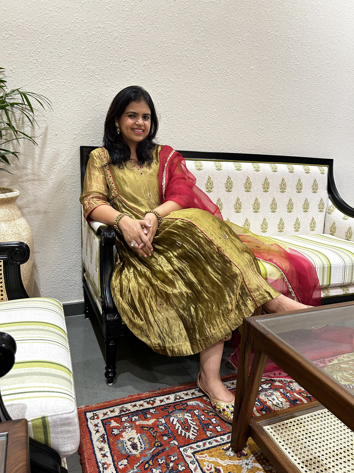 Olive Tissue Anarkali Set