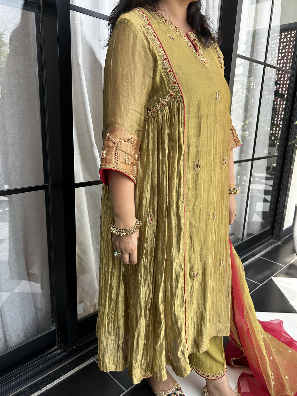 Olive Tissue Anarkali Set
